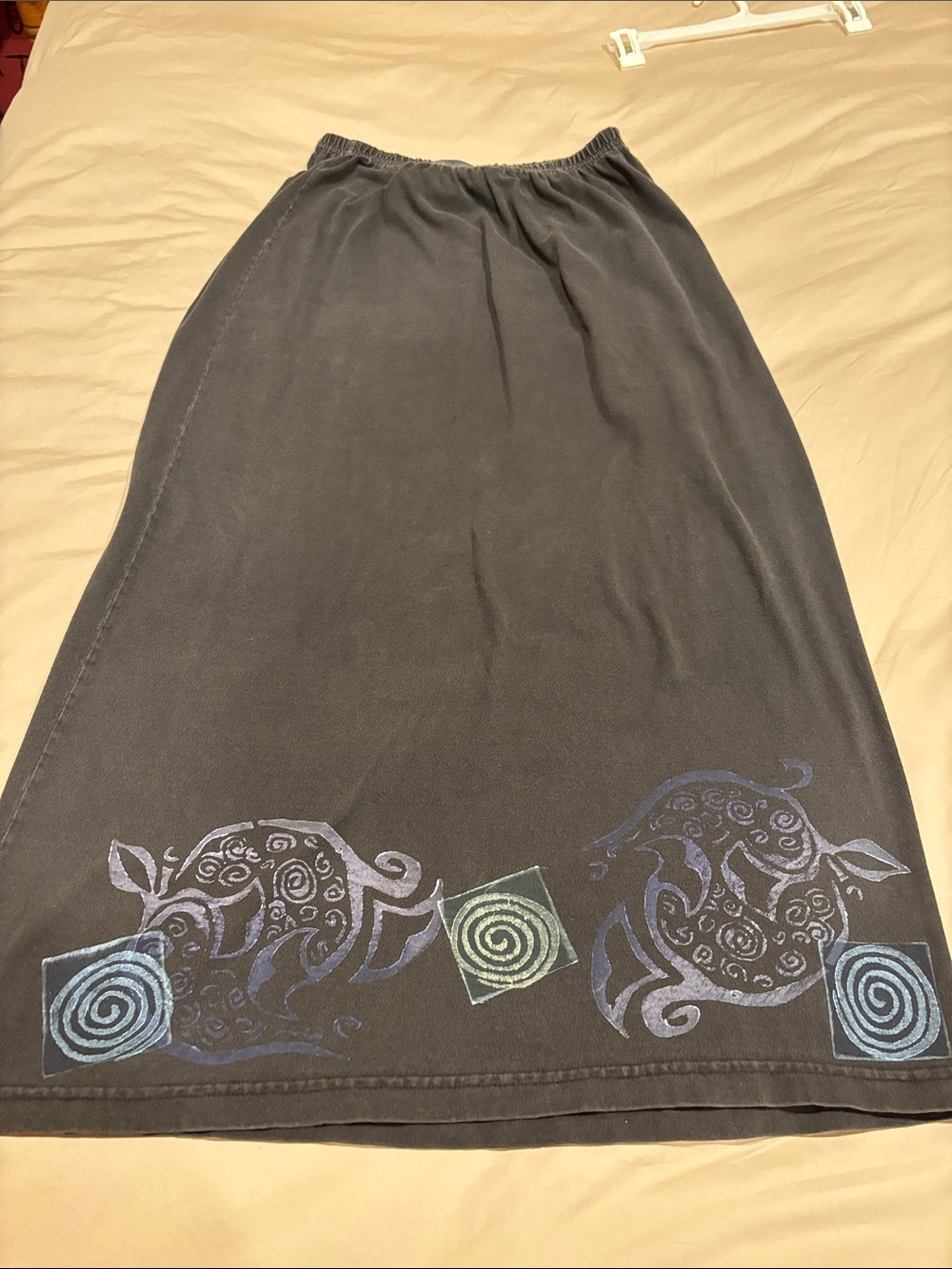 Blue Fish Black Hand Painted Print Maxi Skirt. S/M